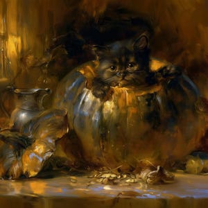Black Kitten Oil Painting, Cat Peeking from Copper Pot, Whimsical Witch Cottage Wall Art