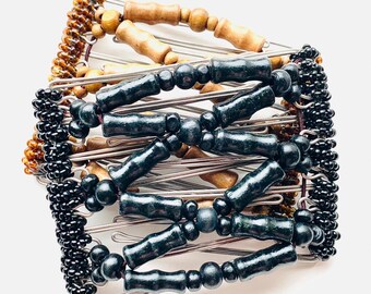 One Clip Hair Clip on Stainless Steel Combs with Black Wooden Beads available in Medium Size