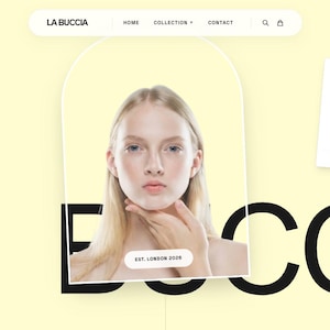 May include: Website homepage for "LA BUCCIA", with a woman's portrait and product packaging. The brand name is in large black letters. The navigation bar includes "Home", "Collection", and "Contact". The background is a pale yellow.