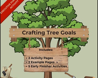 Peut inclure: Illustration d'un arbre avec une pancarte en bois indiquant "Crafting Tree Goals". La pancarte comprend "2 pages d'activités", "2 pages d'exemples" et "5 activités pour les finisseurs précoces". Une bannière rouge indique "Executive Functioning Activity".
