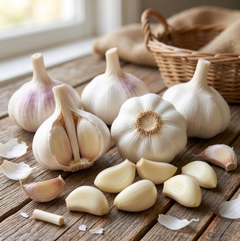 May include: Several whole white garlic bulbs with purple-tinged skins and multiple peeled garlic cloves arranged on a rustic wooden surface. One bulb is partially sliced open to reveal the inner cloves, and loose papery skins are scattered nearby.