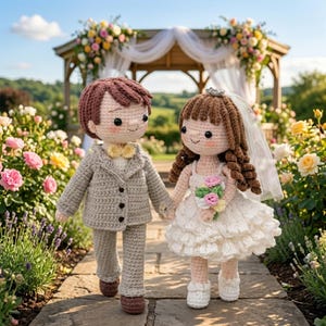 Peut inclure: Deux poupées au crochet, un marié et une mariée, se tenant la main sur un chemin de pierre. Le marié porte un costume gris avec un nœud papillon jaune. La mariée a une robe blanche, un voile et tient un bouquet. Une arche de mariage et des fleurs sont en arrière-plan.
