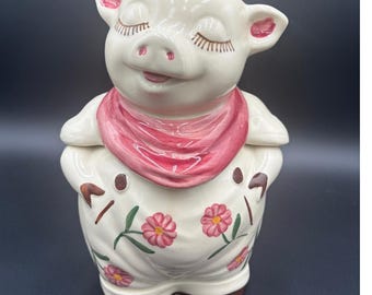 Tarro de galletas vintage Shawnee Smiley Pig Pañuelo rosa floral EE. UU. Pestañas grandes