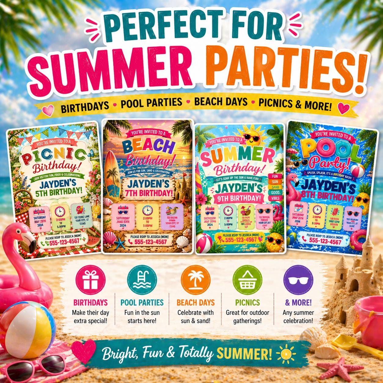 PLR MRR Summer Birthday Invitation Bundle | Editable Party Invites ...