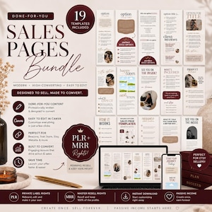 May include: A digital sales pages bundle with 19 templates, designed for Etsy sellers. The bundle includes done-for-you content, easy Canva editing, and is perfect for Beacons, Stan Store, and websites. Features include PLR and MRR rights.