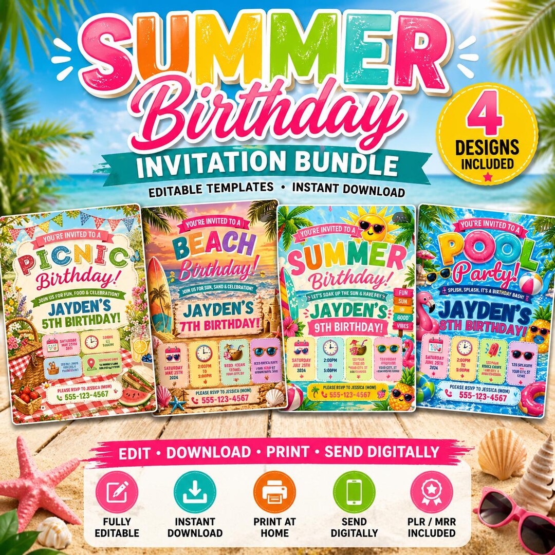PLR MRR Summer Birthday Invitation Bundle | Editable Party Invites ...