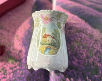 Bud vase hand painted cottage scene with floral accents signed Marie Hampton