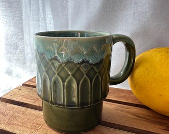 Vintage mid-century modern Japanese stacking mug green with teal drip glaze