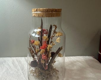 Vintage Apothecary Glass jar dried floral arrangement cork lid