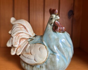 Ceramic rooster figurine earthenware glazed pottery rustic farmhouse country decor