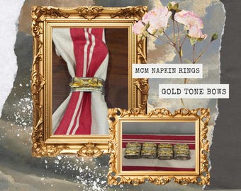 8x vintage mid century metal napkin rings with gold tone bows