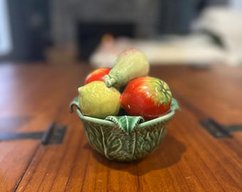 Vintage MCM Majolica cabbage leaf bowl with ceramic glazed fruit Portugal