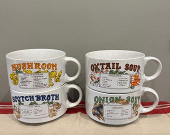 Vintage Ceramic Soup recipe mugs Made in Korea Mushroom Oxtail Onion Scotch Broth