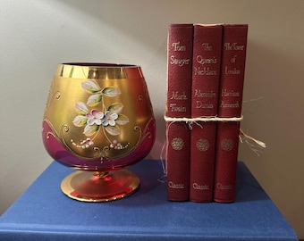 Vintage Bohemian cranberry glass snifter gilt gold overlay hand painted enamel flowers