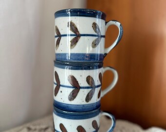 Vintage Japanese stoneware mugs blue with brown leaf pattern set of 3