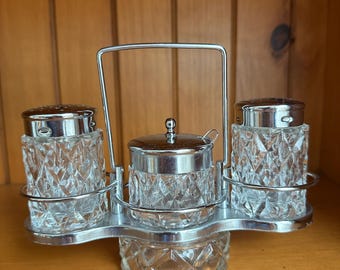 Vintage crystal condiment caddy, cruet set with salt and pepper, sugar pot and spoon