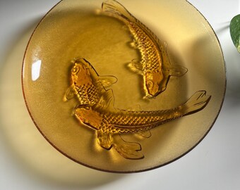 Vintage amber glass plate 3D embossed koi fish design