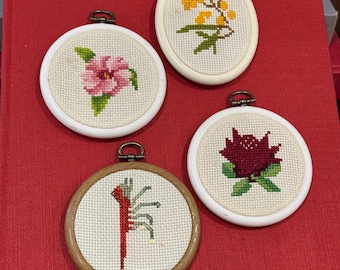 Handcrafted miniature cross-stitched embroidery framed hanging art