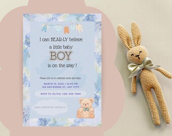 Invitation baby shower ours | Thème Woodland Boy (téléchargement numérique)