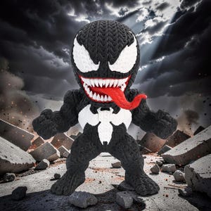 May include: A knitted Venom doll in black and white, with a red tongue and white teeth. The doll has a white spider emblem on its chest. The background shows a stormy sky and debris, creating a dramatic scene.