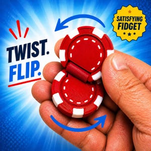 Peut inclure: Un jouet rouge et blanc ressemblant à un jeton de poker, tenu dans une main. Le jouet est divisé en deux et relié par une charnière. Les mots "TWIST. FLIP." et "SATISFYING FIDGET" sont affichés.