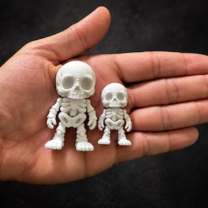 May include: Two white, matte-finished skeleton figurines with large, rounded craniums and articulated joints. The larger skeleton stands next to a smaller version, both featuring detailed rib cages, pelvic structures, and limb segments.