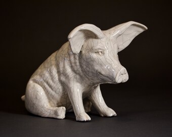 Annabelle Ceramic Pig Sculpture White Crackle Glaze by Tony Furtado