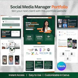 Puede incluir: Una plantilla de sitio web de portafolio digital para un administrador de redes sociales. El diseño presenta una combinación de colores verde y blanco, mostrando maquetas de sitios web, logotipos de clientes y descripciones de servicios. El texto incluye "Social Media Manager Portfolio".