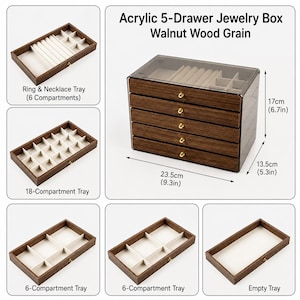 May include: An acrylic 5-drawer jewelry box with a walnut wood grain finish. The box measures 9.3 inches wide, 5.3 inches deep, and 6.7 inches high. It includes various removable trays with ring, necklace, and multi-compartment storage sections.
