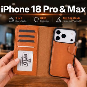 Peut inclure: Un étui portefeuille en cuir beige pour iPhone 18 Pro & Max avec plusieurs fentes pour cartes, une poche de protection RFID et un support intégré. L'intérieur comprend des fentes pour cartes et une fenêtre transparente, avec fermeture magnétique.