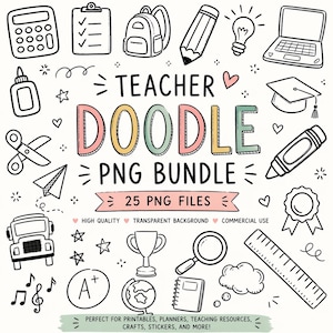 Op de afbeelding: Een zwart-wit doodle grafisch pakket met de tekst "Teacher Doodle PNG Bundle" en 25 PNG-bestanden. De afbeelding bevat illustraties van schoolspullen, een laptop, een afstudeerhoed en andere educatieve elementen.