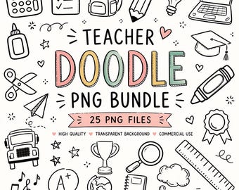 Teacher Doodle PNG Bundle, Classroom Clipart Set Transparent PNG Files,
