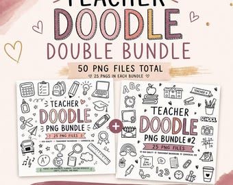 Teacher Doodle PNG Double Bundle, Classroom Clipart Set Transparent PNG Files,