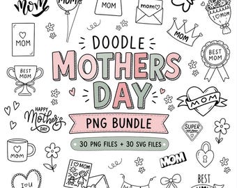Mothers Day Doodle PNG SVG Bundle, Hand Drawn Style Mom Clipart (Digital Download)