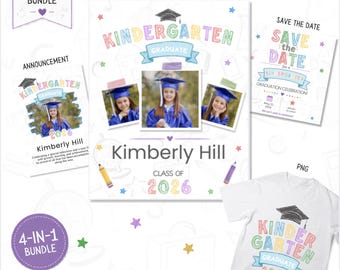 Kindergarten Graduation Bundle Editable Canva Template, Graduation Announcement, Save the Date, Poster