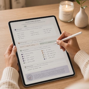 May include: A digital planner on a tablet with the text "The BLOOMISH Blueprint". The tablet is being used with a stylus. A lit candle and a small vase with a plant are in the background.