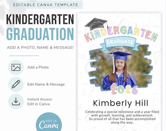 Kindergarten Graduation Template Editable Canva, Kinder Grad Announcement