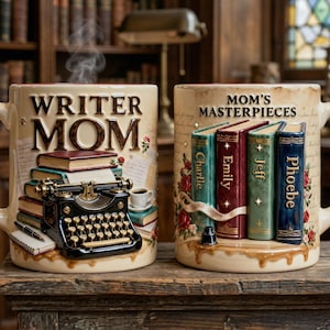 May include: Two ceramic mugs with literary themes. One mug says "WRITER MOM" with a typewriter and books. The other says "MOM'S MASTERPIECES" with books labeled "Charlie", "Emily", "Jeff", and "Phoebe". Both mugs have a vintage aesthetic.
