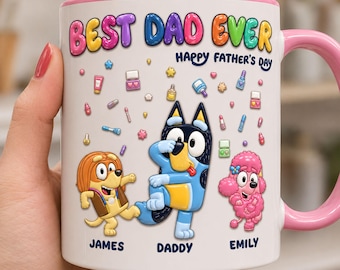 Personalized Bluey Best Dad Ever 3D Effected Mug, 2D Flat Mug, Father’s Day Gift for Dad, Custom Kids Names Cup, Cartoon Family Design