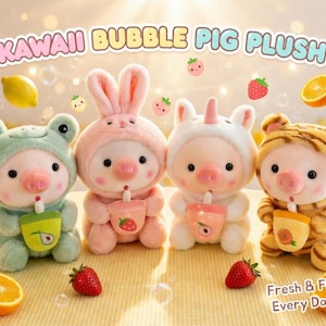 May include: Four plush pig toys dressed as a frog, bunny, unicorn, and tiger, each holding a drink. The toys are pink, green, white, and yellow. The text "KAWAII BUBBLE PIG PLUSH" is at the top.