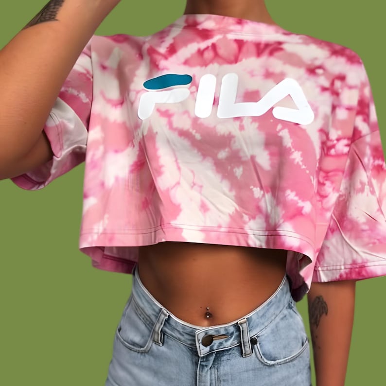 Reworked upcycled Fila pink tie-dye crop tee L image 1