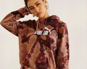Sudadera con capucha Puma color marrón tie-dye, estilo boho hippie vintage fairycore, reciclada y rediseñada, talla XS