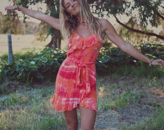 Reworked upcycled boho hippie fairycore orange red tie dye mini dress size M