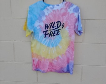 Reworked upcycled boho hippie fairycore rainbow tiedye 'wild & free' semi fitted tshirt xs