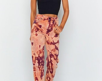 Reworked upcycled boho hippie Orange-braune jeans mit Batikmuster Röhrenjeans Größe 39