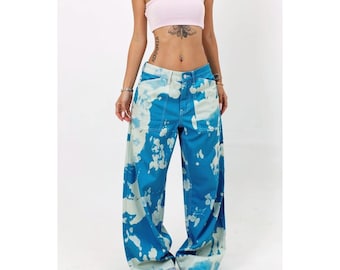 Reworked upcycled nineties style blue/white tie dye baggy denim cargo jeans size 6