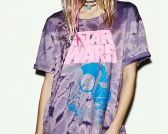 Reworked upcycled boho hippie fairycore brown  purple tiedye Star Wars tshirt Large