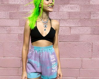 Reworked upcycled boho hippie fairycore Blue purple tie-dye jogger shorts small