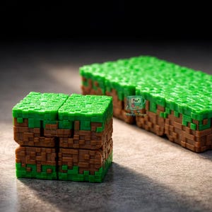 Puede incluir: Dos bloques temáticos de Minecraft. Uno es un cubo, el otro es rectangular. Ambos son verdes en la parte superior, representando hierba, y marrones en los lados, representando tierra. Los bloques están pixelados, imitando la estética del juego.