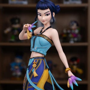 Peut inclure: Figurine détaillée d'une femme aux cheveux bleu foncé coiffés en chignon. Elle porte un crop top bleu clair avec une fermeture éclair, des bordures dorées et une jupe assortie avec des motifs bleus et jaunes. Elle tient un objet décoratif avec des glands dorés.